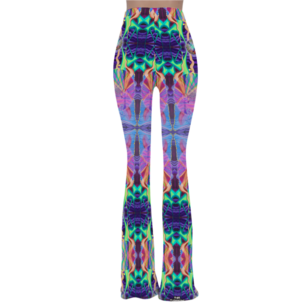 Colorful tie-dye flared pants on a white background