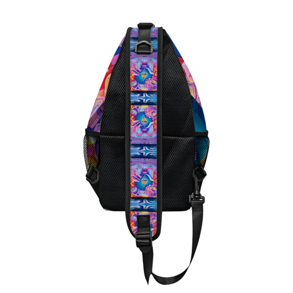 Multicolored tie-dye patterned backpack on a white background
