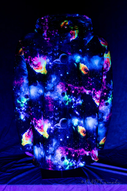 neon galaxy-themed hoodie on a dark background