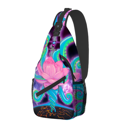 Sling bag with colorful floral design on a white background
