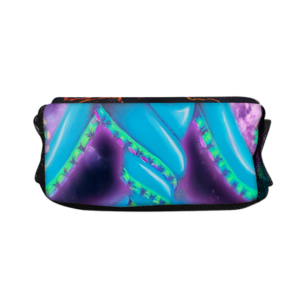 Fanny pack with a vibrant, abstract design on a white background