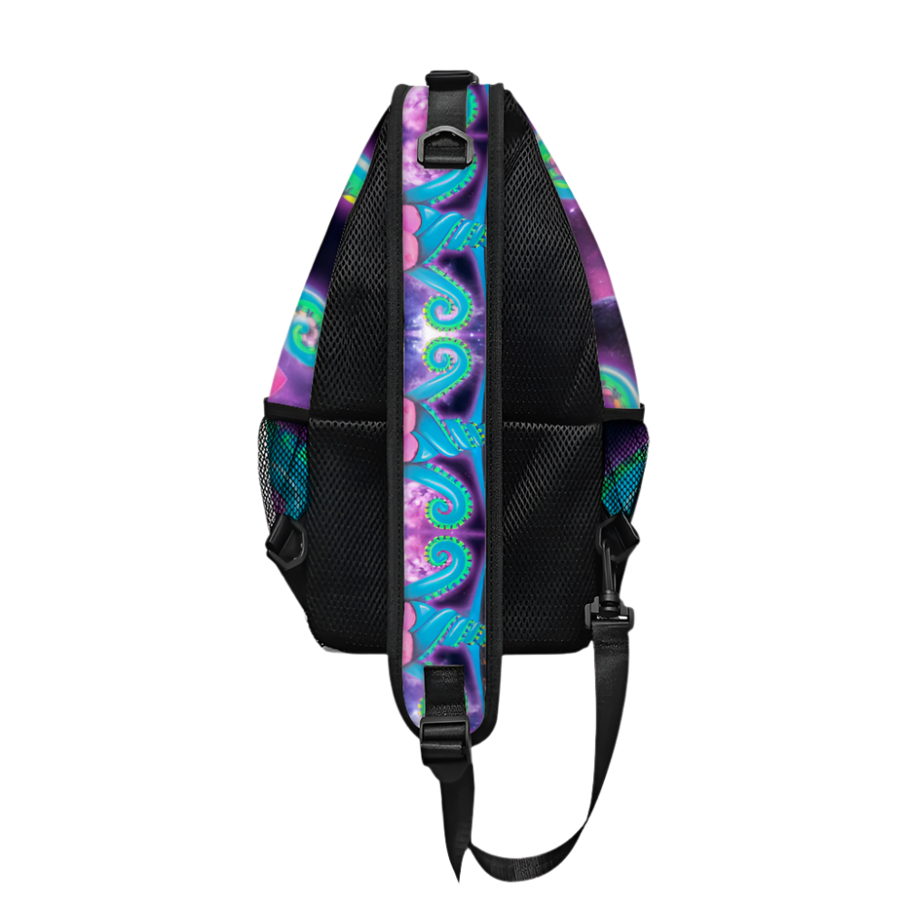 Backpack with colorful paisley pattern on a white background