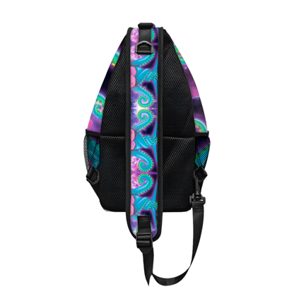 Backpack with colorful paisley pattern on a white background