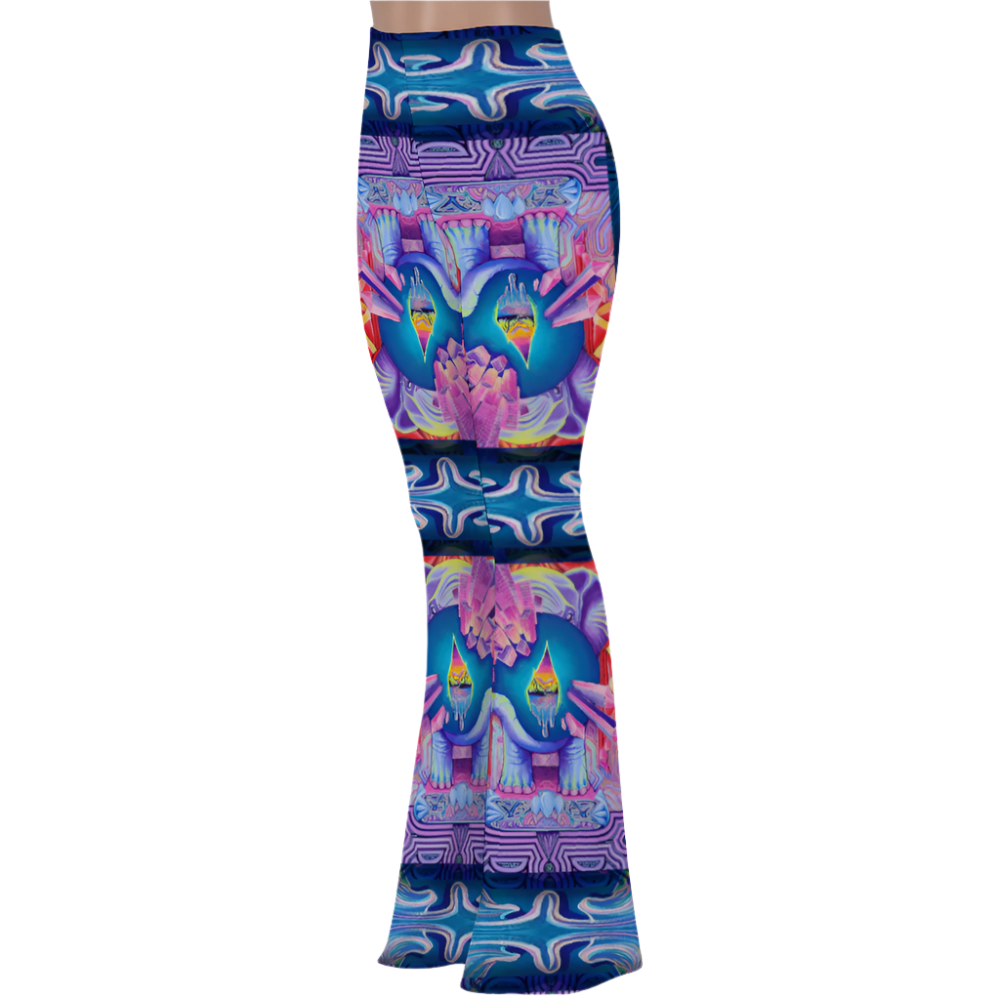 Colorful patterned yoga pants on a white background