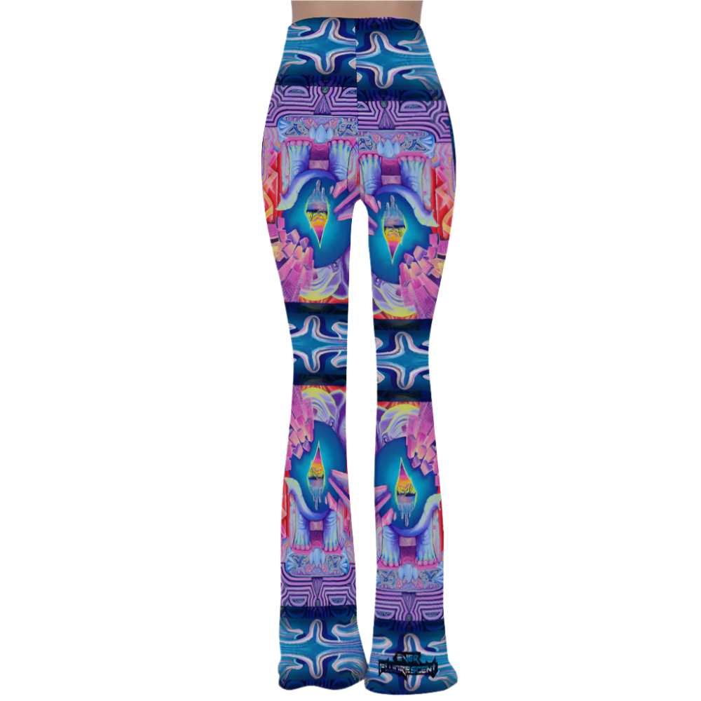 Colorful flared pants with abstract design featuring elephant holding the earth