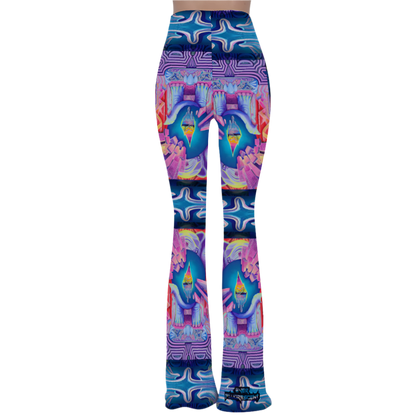 Colorful flared pants with abstract design featuring elephant holding the earth
