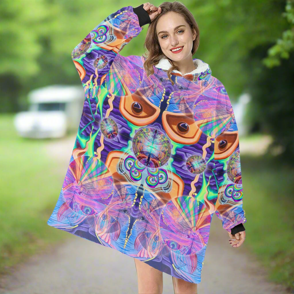 A person wearing a colorful hoodie with abstract and geometric patterns.