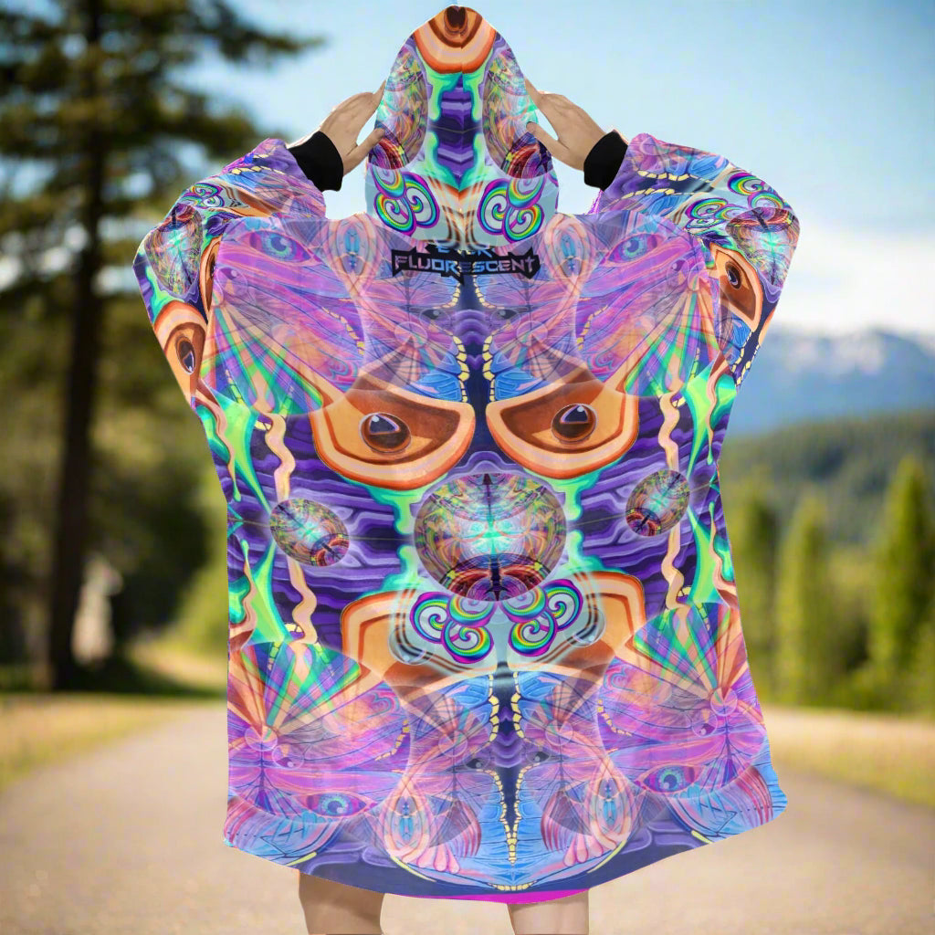 backside of a colorful blanket hoodie