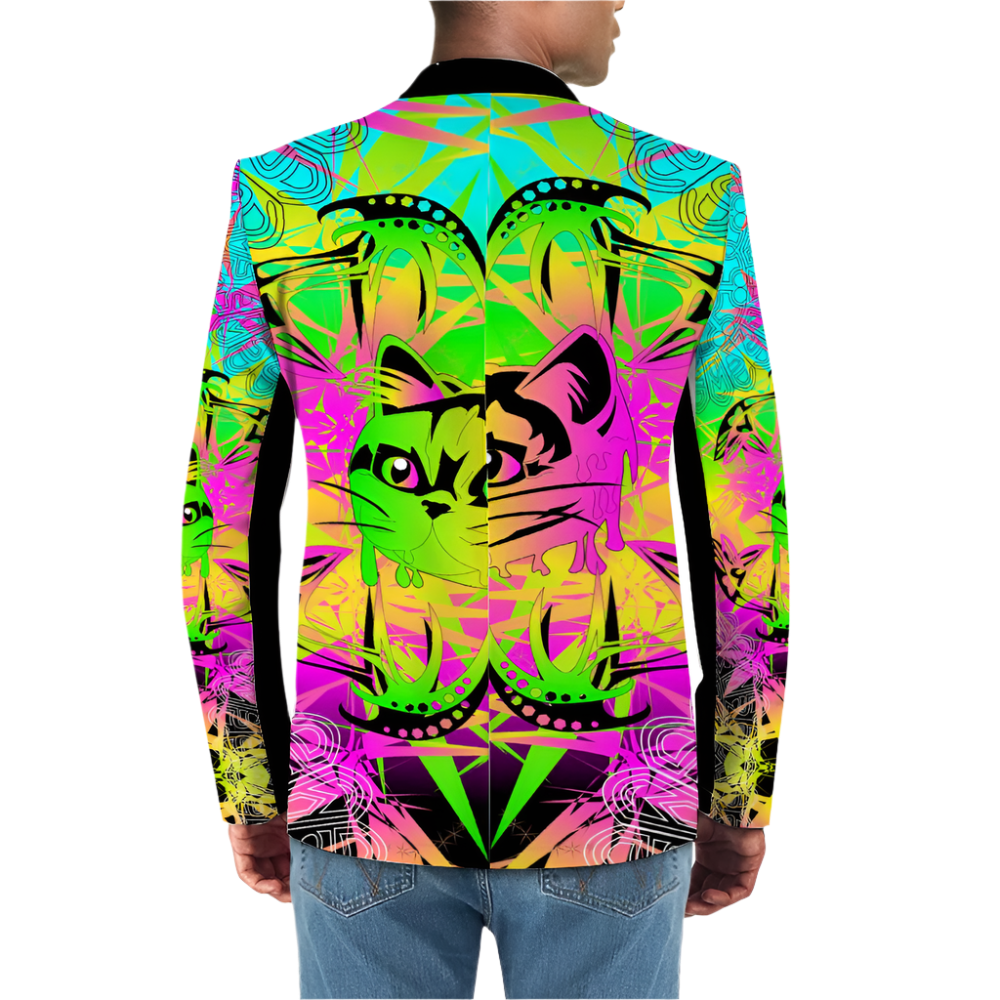 Colorful jacket with cat design on a white background