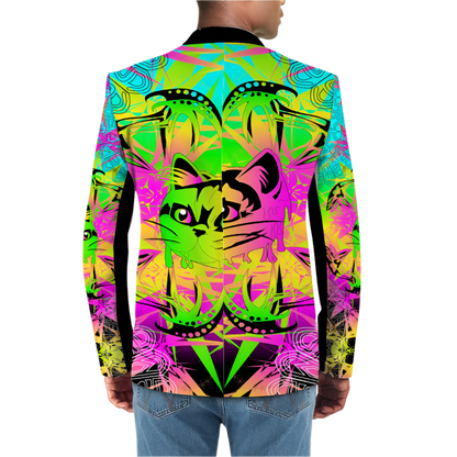 Colorful jacket with cat design on a white background
