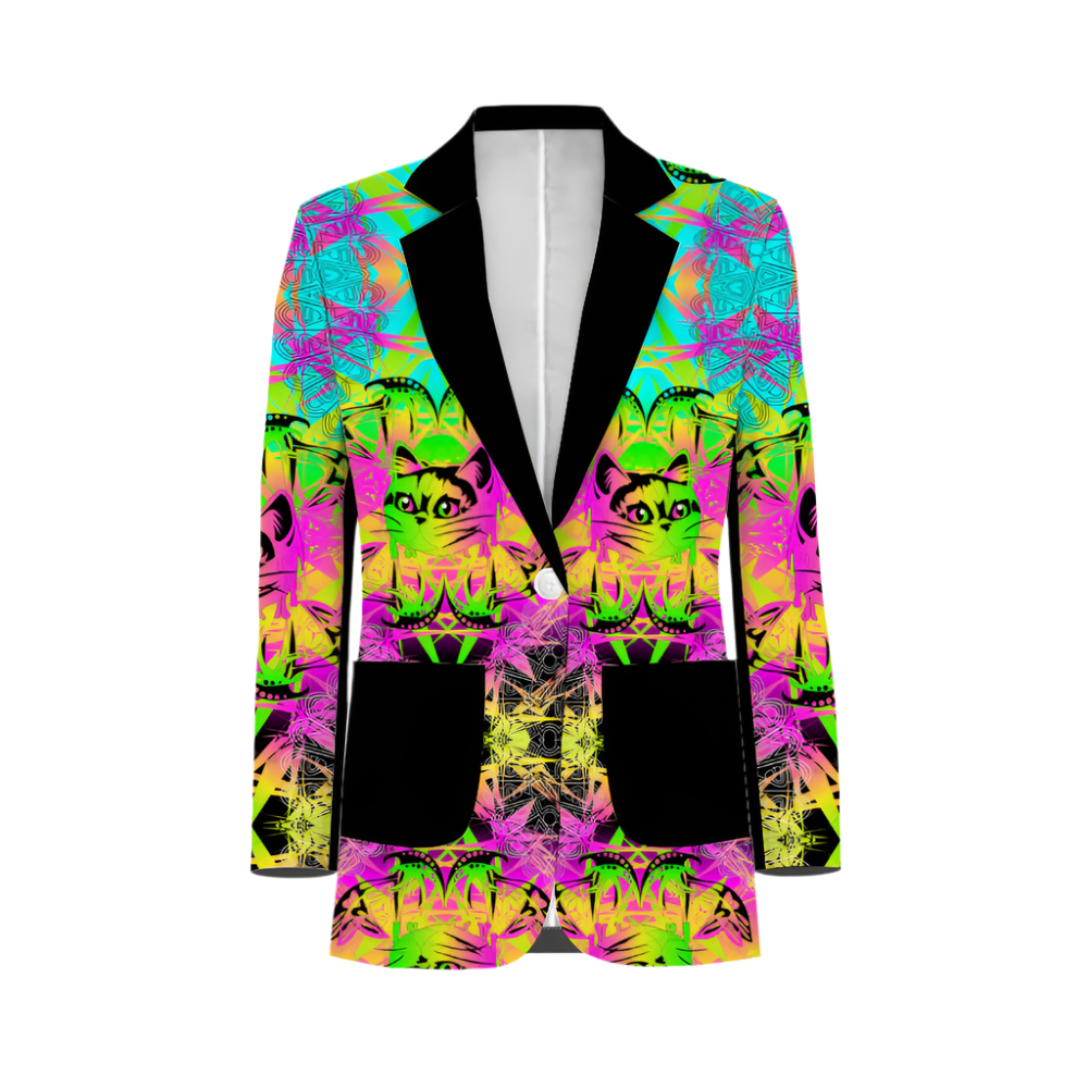 Colorful blazer with cat pattern on a white background