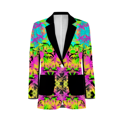 Colorful blazer with cat pattern on a white background