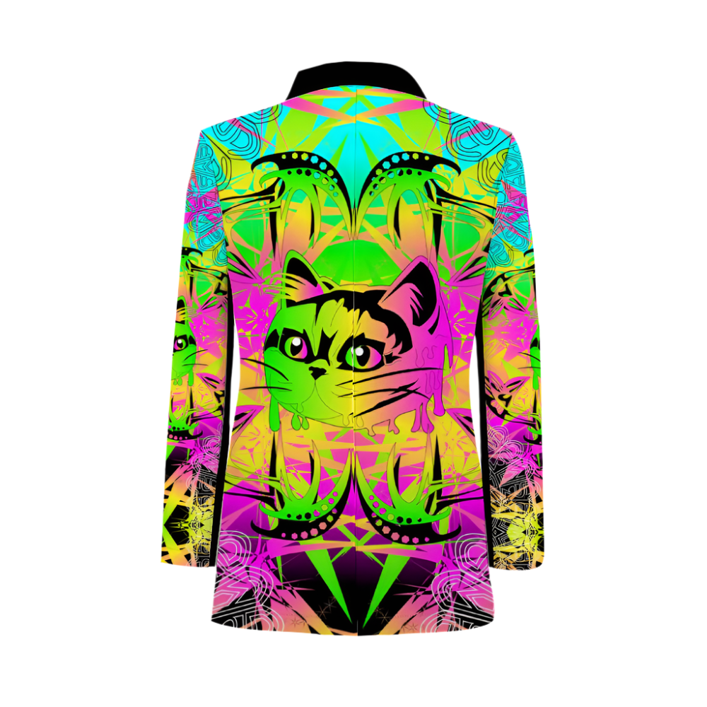 Colorful jacket with a cat design on a white background