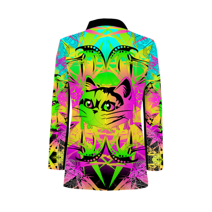 Colorful jacket with a cat design on a white background