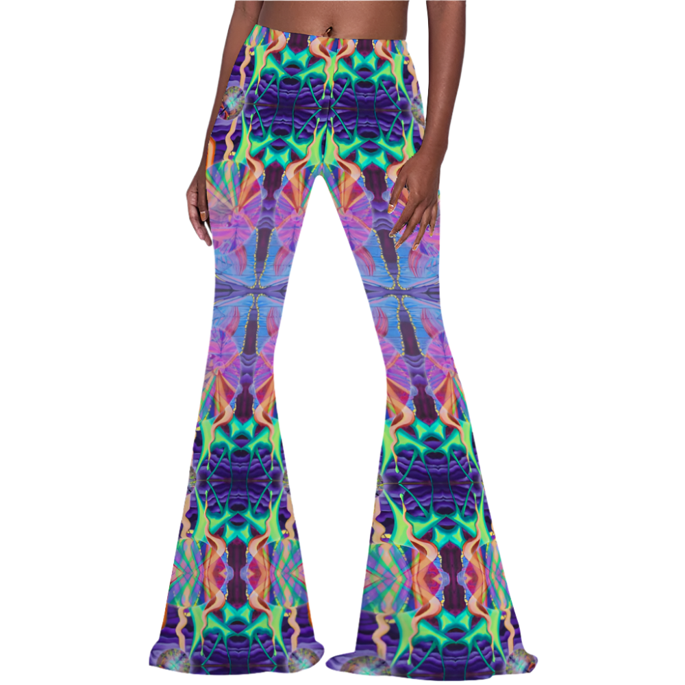 Colorful tie-dye bell-bottom pants on a white background