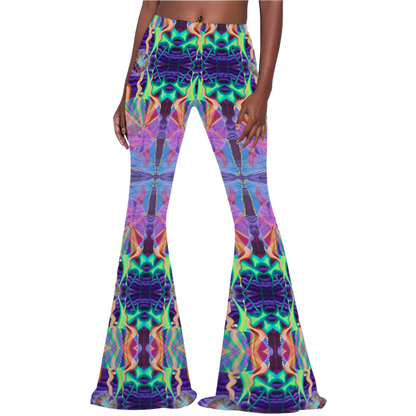 Colorful tie-dye bell-bottom pants on a white background