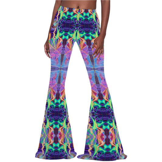 Colorful tie-dye bell-bottom pants on a white background