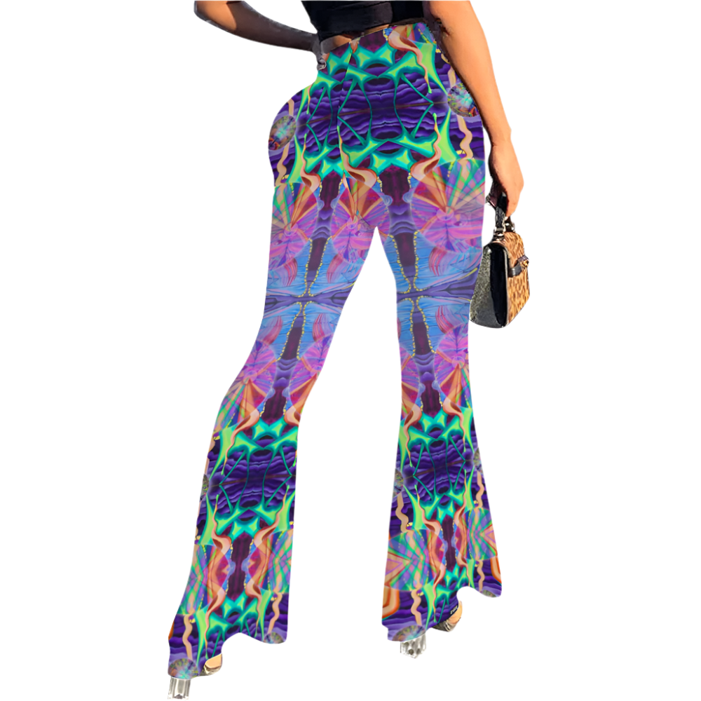 Colorful patterned pants worn by a person on a white background