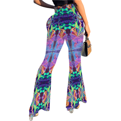 Colorful patterned pants worn by a person on a white background