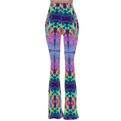 Colorful tie-dye flared pants on a white background
