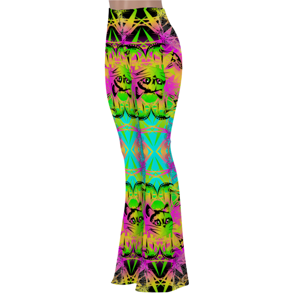 Colorful patterned pants with cat design on a white background