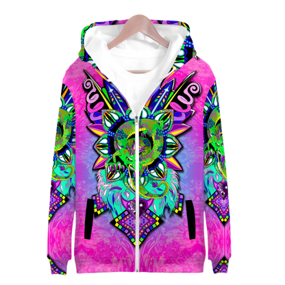 Colorful hoodie with abstract design on a white background