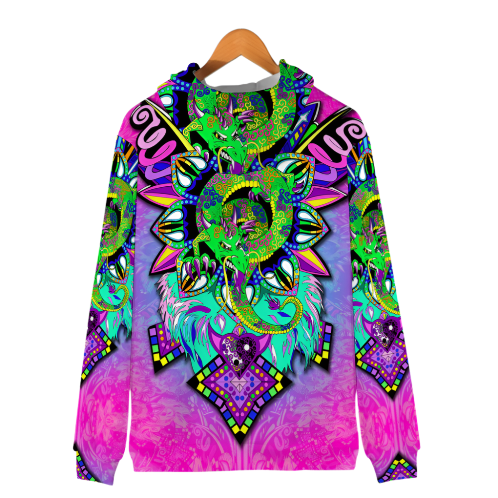 Colorful hoodie with abstract patterns on a white background
