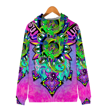 Colorful hoodie with abstract patterns on a white background