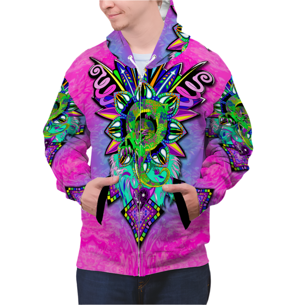 Person wearing a colorful, patterned jacket with a vibrant design on a white background
