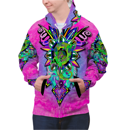 Person wearing a colorful, patterned jacket with a vibrant design on a white background