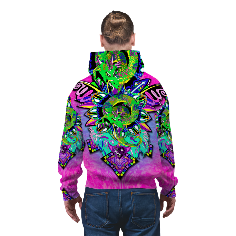 Person wearing a colorful hoodie with a vibrant design on a white background