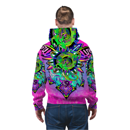 Person wearing a colorful hoodie with a vibrant design on a white background