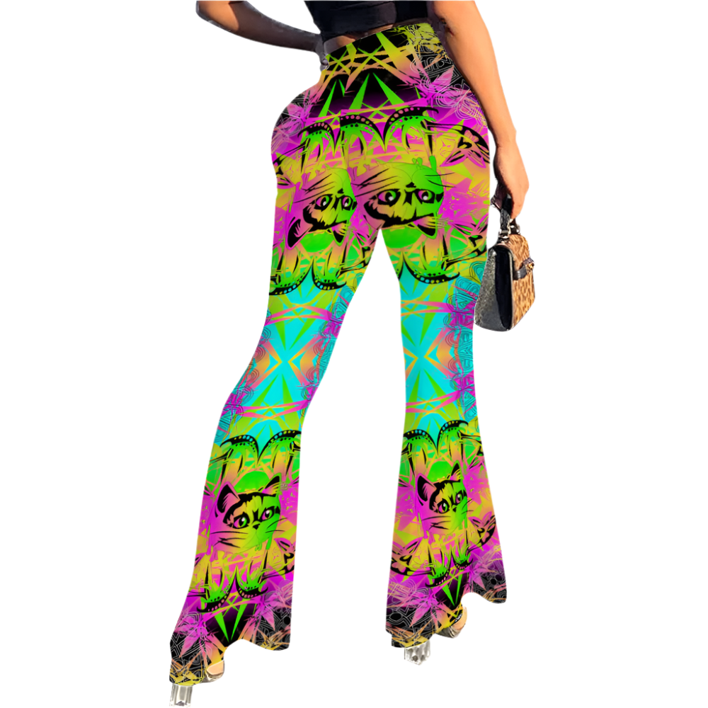 Colorful tie-dye pants with cat pattern worn by a person on a white background