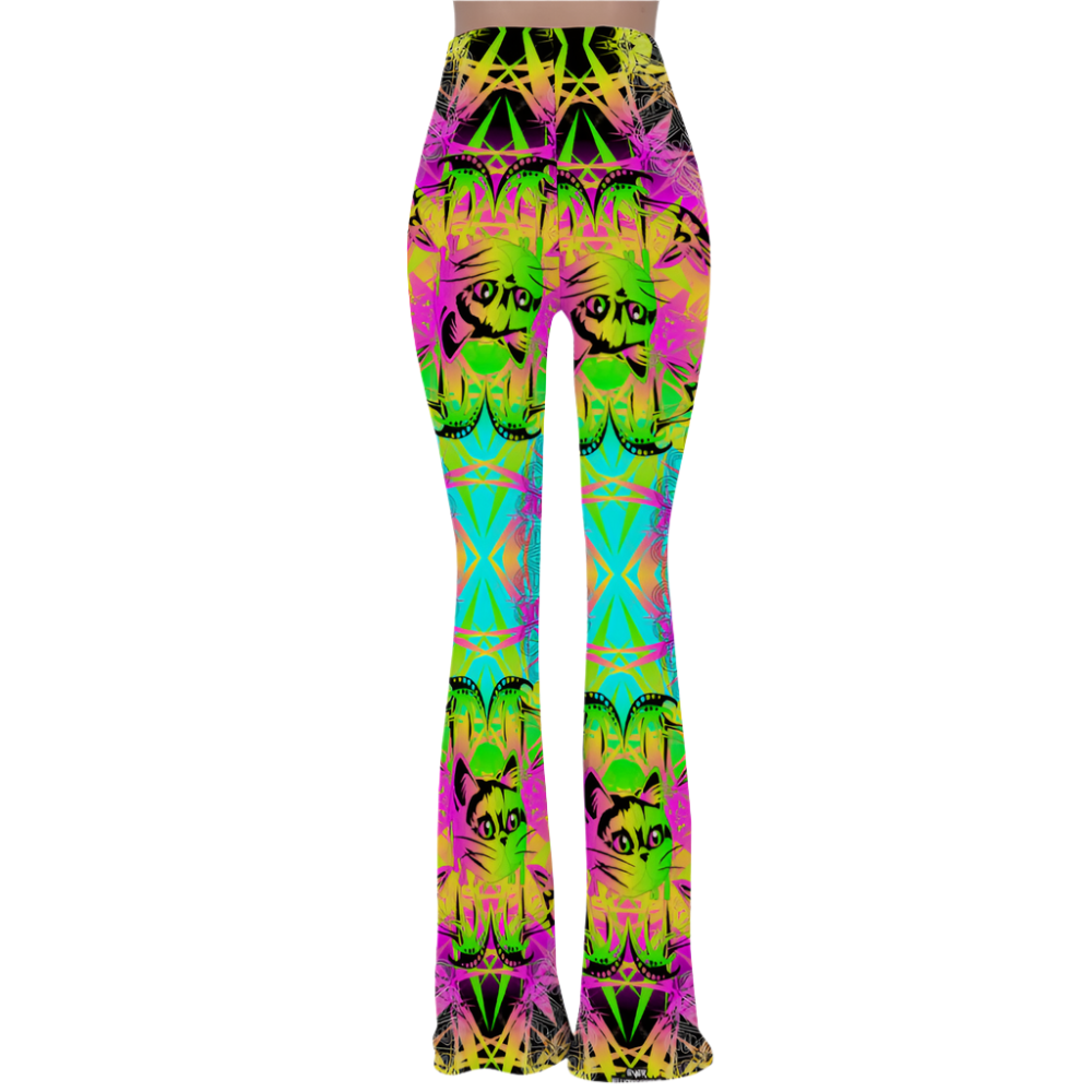 Colorful tie-dye leggings with cat face design on a white background