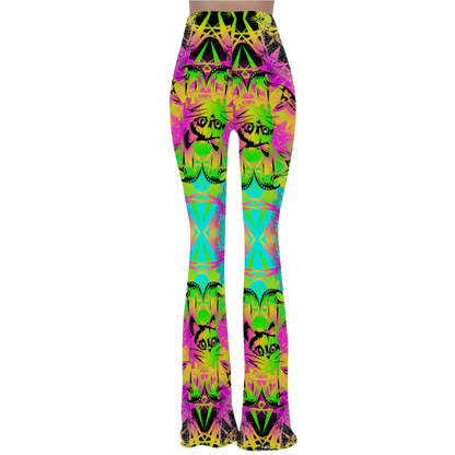 Colorful tie-dye leggings with cat face design on a white background