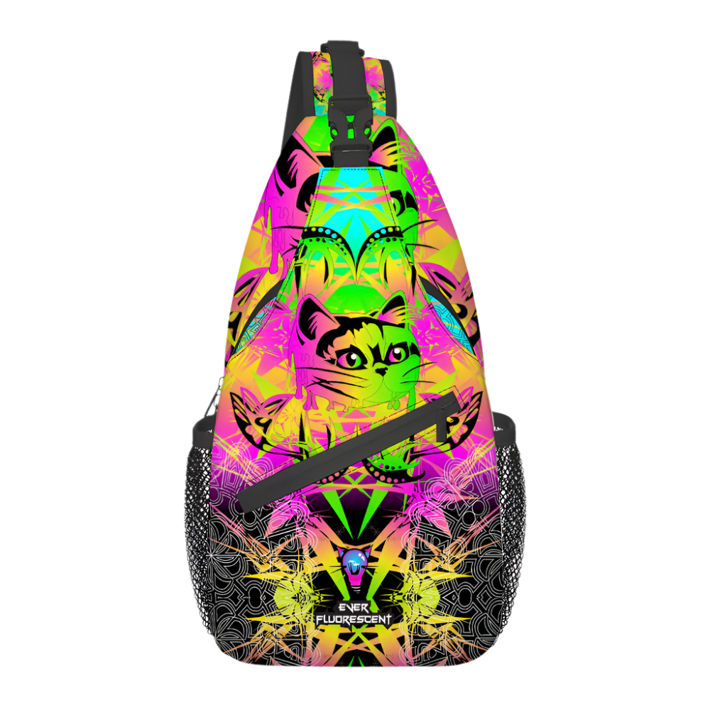 Colorful sling bag with cat and butterfly design on a white background