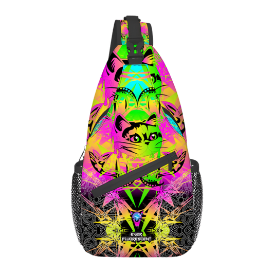 Colorful sling bag with cat and butterfly design on a white background