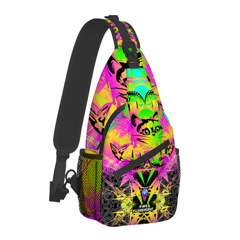 Neon patterned sling bag with black straps on a white background