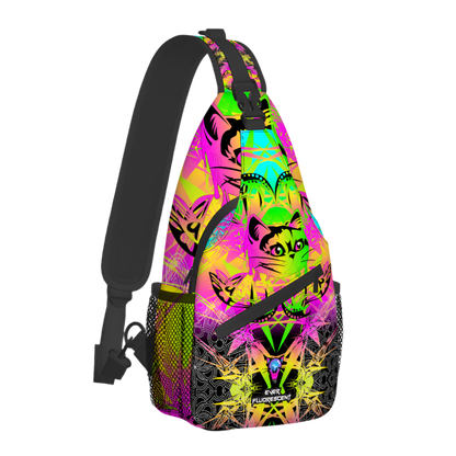 Neon patterned sling bag with black straps on a white background