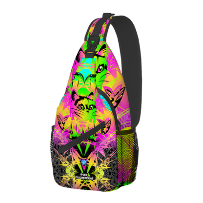 Colorful sling bag with cat design on a white background