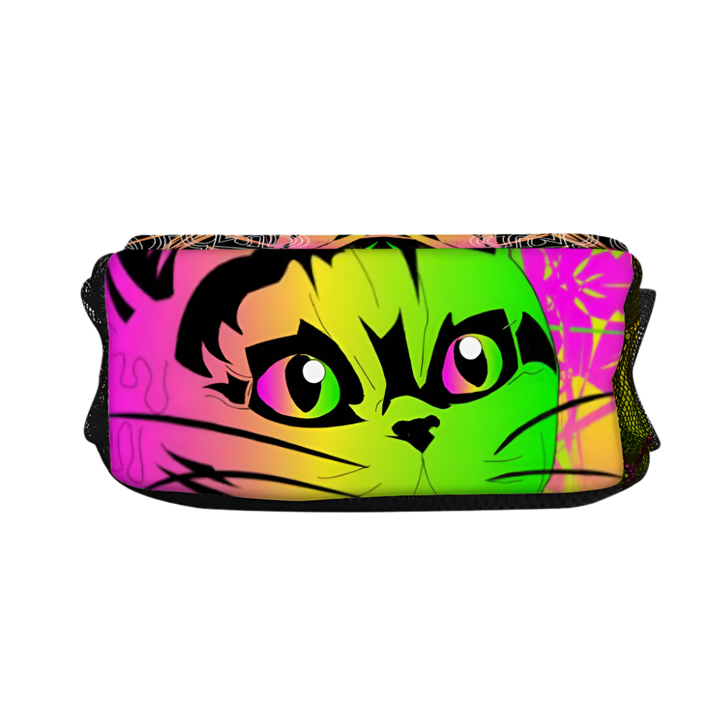Colorful cat face design on a white background