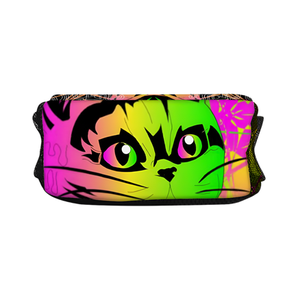 Colorful cat face design on a white background