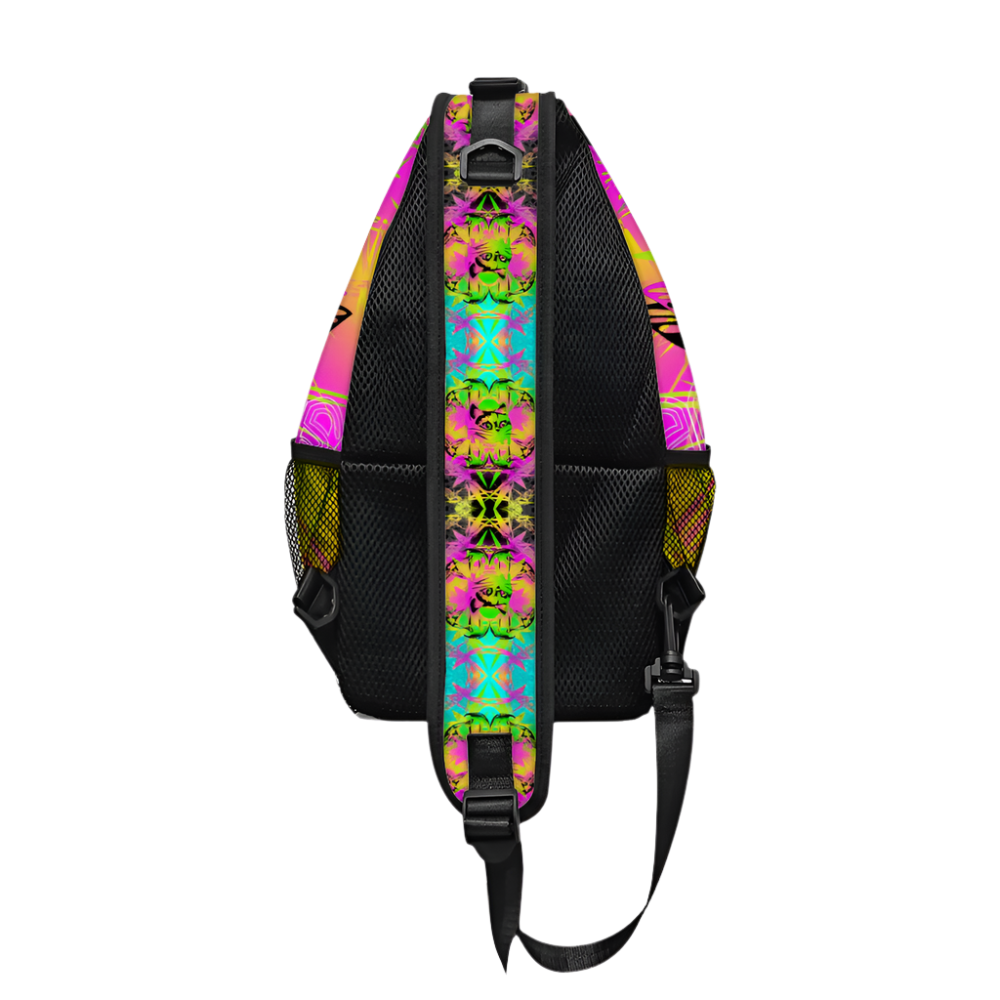 Sling bag with colorful geometric pattern on a white background