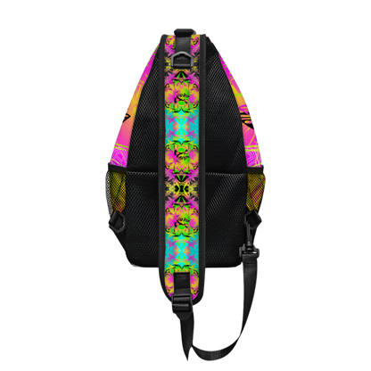 Sling bag with colorful geometric pattern on a white background