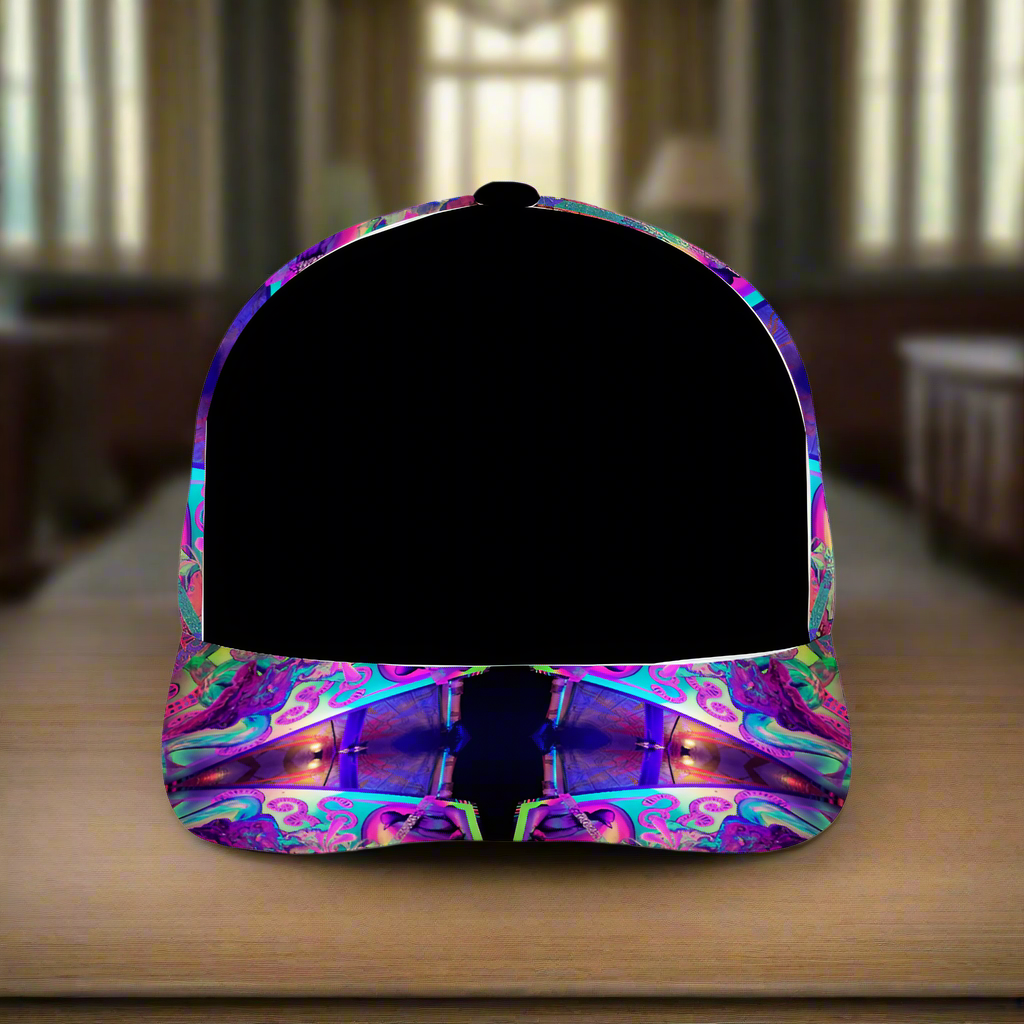 A baseball hat with a multicolored geometric pattern on the visor and brim, displayed on a table.