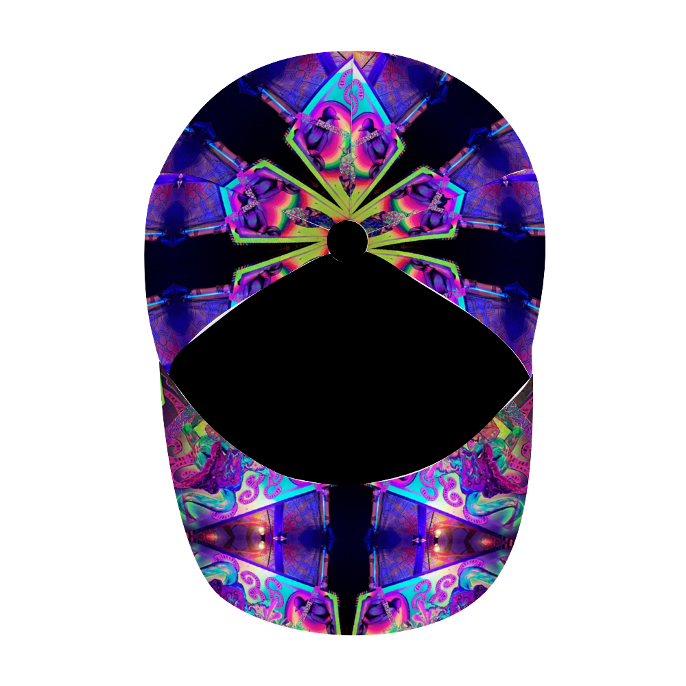 top view of snapback hat featuring psychedelic pattern