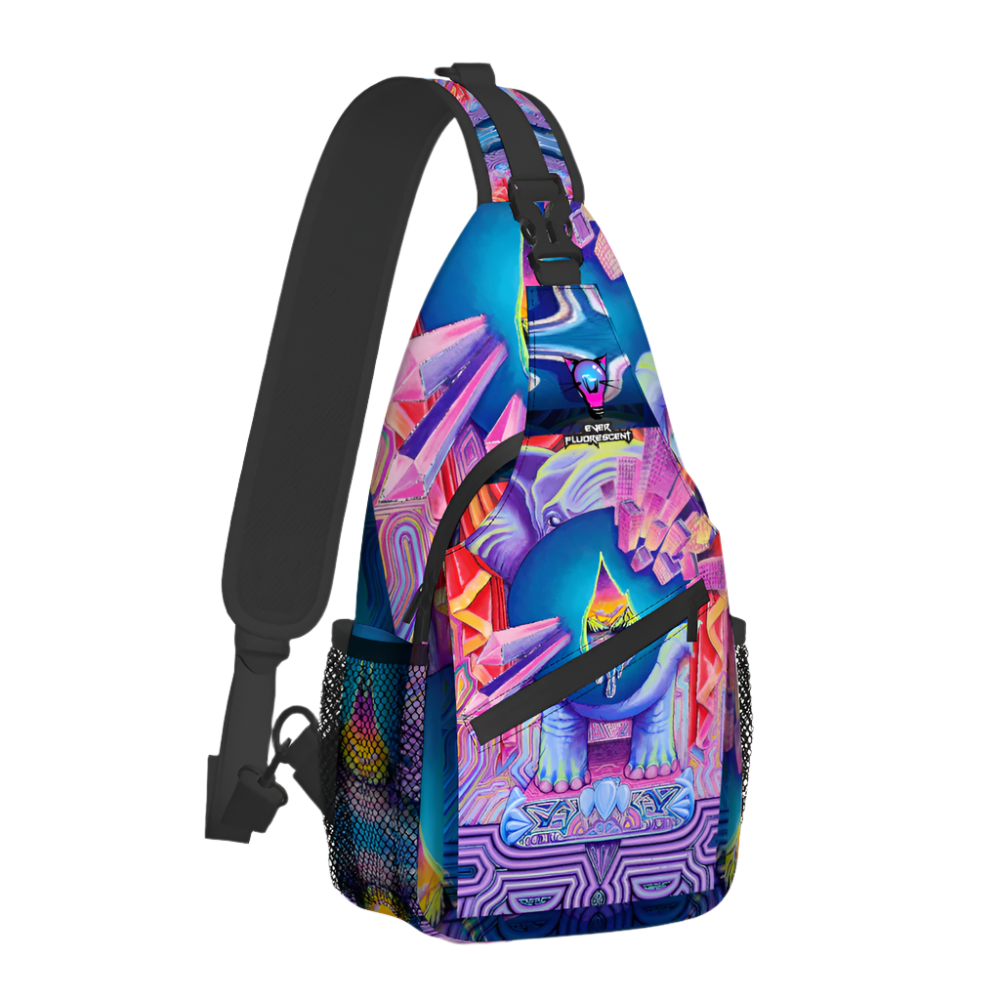 Colorful sling bag with abstract design on a white background