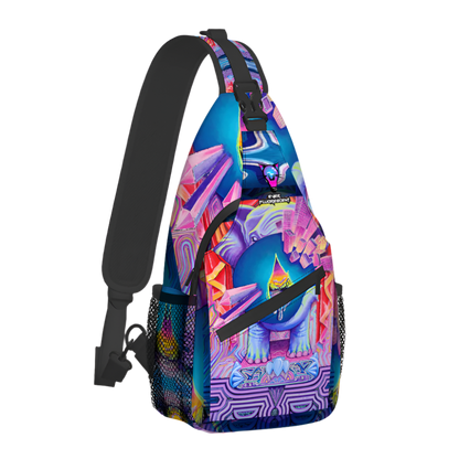 Colorful sling bag with abstract design on a white background