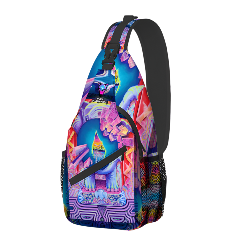 Colorful sling bag with abstract design on a white background