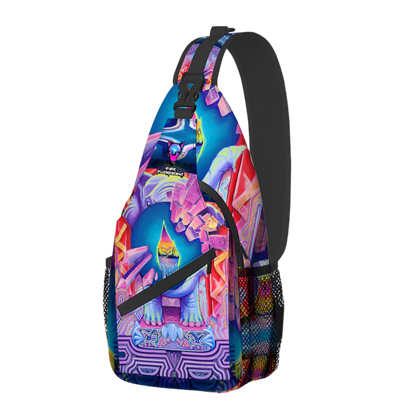 Colorful sling bag with abstract design on a white background